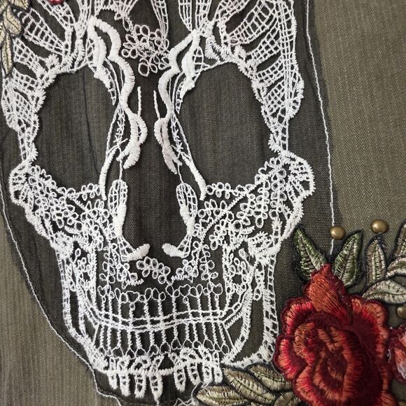 Boom Boom Jeans Jacket L Skull Green Floral Embroidered Button Military Style - Picture 10 of 14